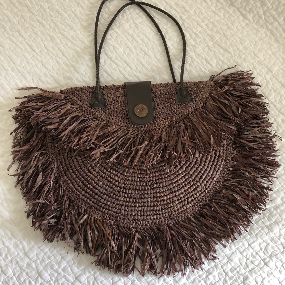 Rare hobo Round Brown Straw Fringe Bag - Boho